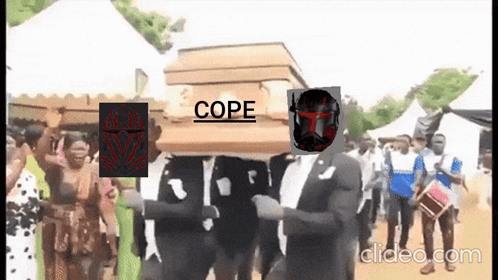 A Man In A Suit Is Carrying A Coffin With The Word Cope Written On It GIF