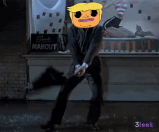 A Man In A Suit Is Dancing In Front Of A Store Front That Says Mahout GIF