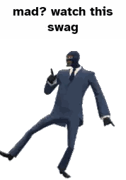 a man in a suit is dancing with the words mad ? watch this swag
