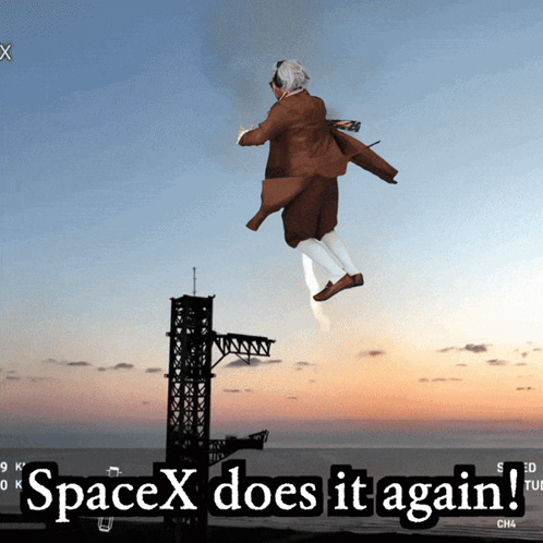 A Man In A Suit Is Flying In The Air With The Words Spacex Does It Again Below Him GIF