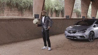 A Man In A Suit Is Holding A Bouquet Of Flowers Next To A Car . GIF