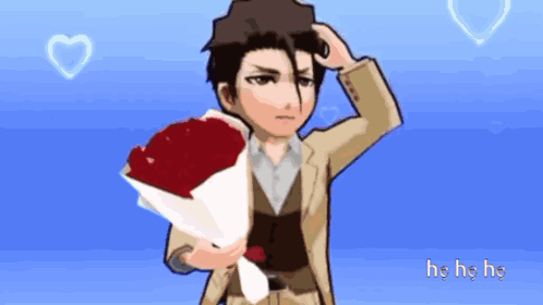 A Man In A Suit Is Holding A Bouquet Of Red Roses In Front Of A Blue Background GIF