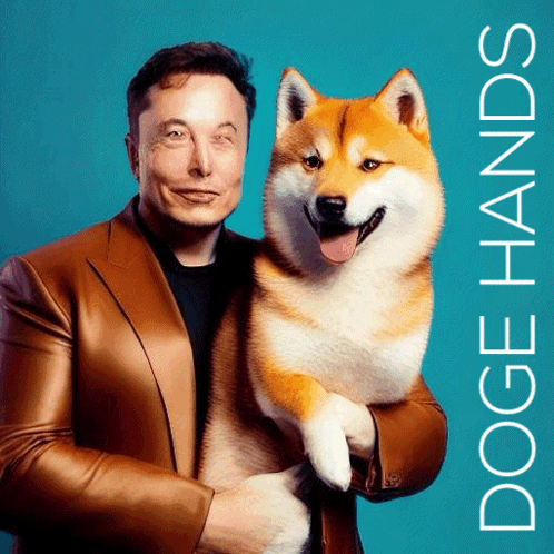 A Man In A Suit Is Holding A Dog With The Words " Doge Hands " On The Bottom GIF