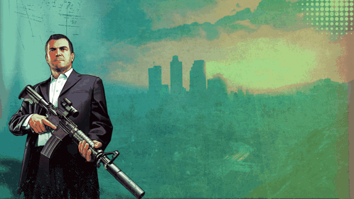 A Man In A Suit Is Holding A Gun And Pointing At It GIF