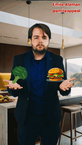 A Man In A Suit Is Holding A Hamburger And Broccoli GIF