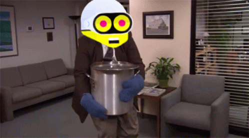 A Man In A Suit Is Holding A Pot In A Room GIF