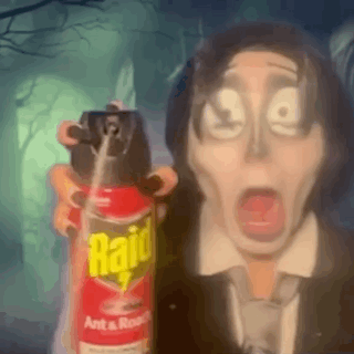 A Man In A Suit Is Holding A Raid Ant And Roach Spray . GIF