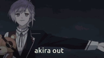 a man in a suit is holding a teddy bear and says " akira out " in white letters