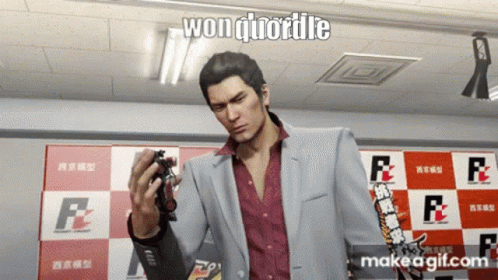a man in a suit is holding a toy in front of a checkered wall that says f2