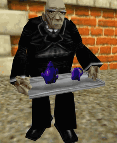 A Man In A Suit Is Holding A Tray With Purple Teapots On It GIF
