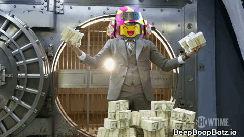 A Man In A Suit Is Holding Stacks Of Money In Front Of A Vault Door That Says Showtime On It GIF