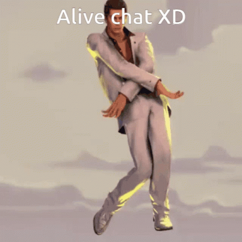 A Man In A Suit Is Jumping In The Air With The Words Alive Chat Xd Below Him GIF