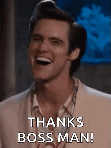 A Man In A Suit Is Laughing And Saying `` Thanks Boss Man ! '' GIF