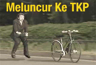A Man In A Suit Is Pushing A Bicycle With The Words Meluncur Ke Tkp Written On The Bottom GIF