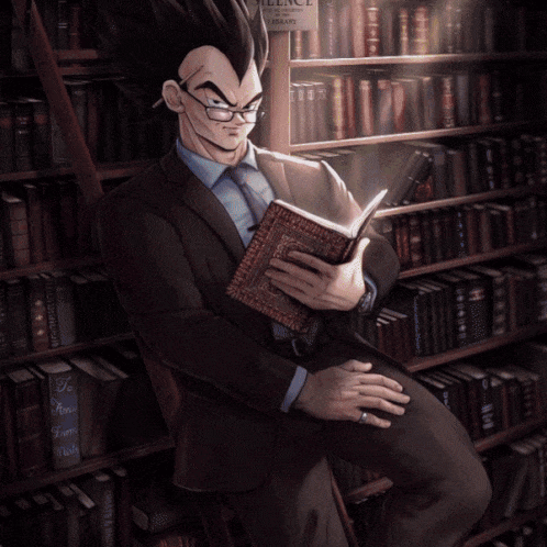 A Man In A Suit Is Reading A Book In A Library With A Sign That Says Silence GIF
