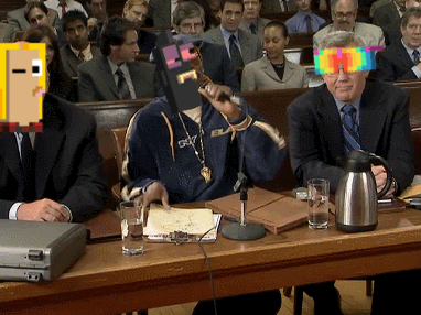 A Man In A Suit Is Sitting At A Table With A Briefcase And Glasses On It GIF