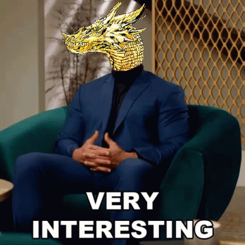A Man In A Suit Is Sitting In A Chair With A Dragon On His Head And The Words " Very Interesting " Below Him GIF