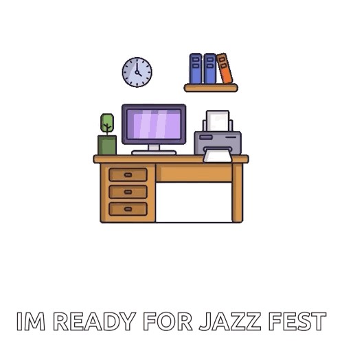 a man in a suit is sitting in an office chair with the words im ready for jazz fest below him .