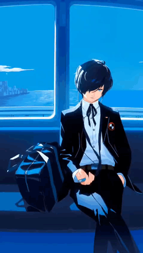 A Man In A Suit Is Sitting In Front Of A Window With A Suitcase In His Hand . GIF