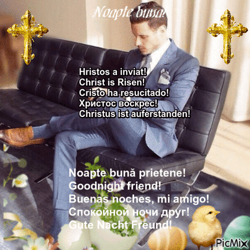 A Man In A Suit Is Sitting On A Couch With A Picture Of A Chick And A Cross Behind Him GIF