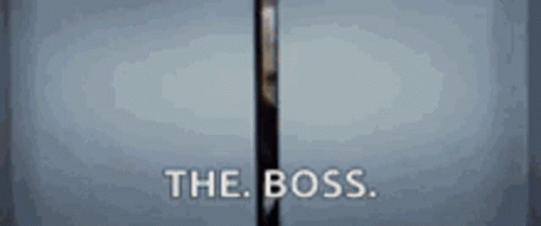 a man in a suit is standing in a doorway with the words the boss written on it .