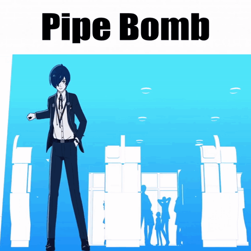 A Man In A Suit Is Standing In Front Of A Blue Background With Pipe Bomb Written Above Him GIF