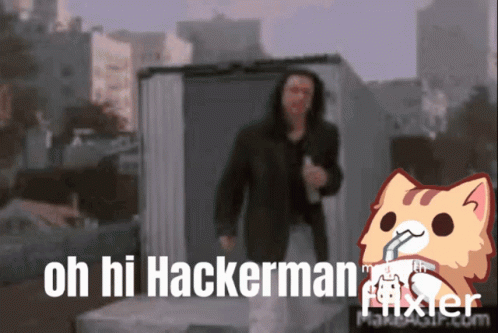 A Man In A Suit Is Standing In Front Of A Building With The Words " Oh Hi Hackerman " GIF