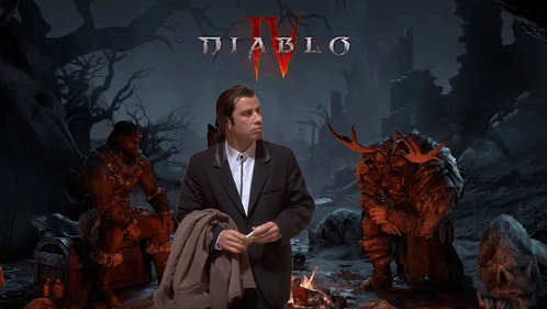 A Man In A Suit Is Standing In Front Of A Diablo Iv Poster GIF