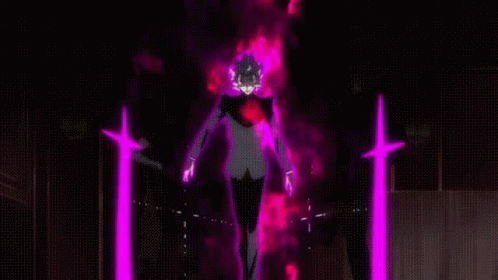 A Man In A Suit Is Standing In Front Of A Purple Background With A Red Stream Of Blood Coming Out Of His Chest . GIF