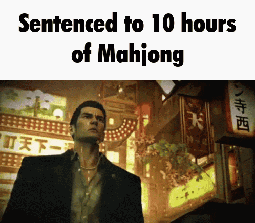 A Man In A Suit Is Standing In Front Of A Sign That Says " Sentenced To 10 Hours Of Mahjong " GIF