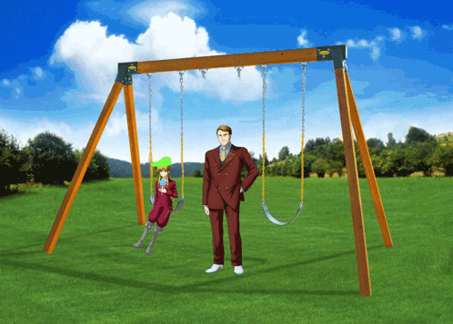A Man In A Suit Is Standing Next To A Swing Set With A Child On It GIF