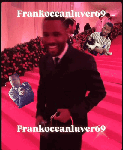 A Man In A Suit Is Standing On A Red Carpet With The Name Frankoceanluver69 GIF