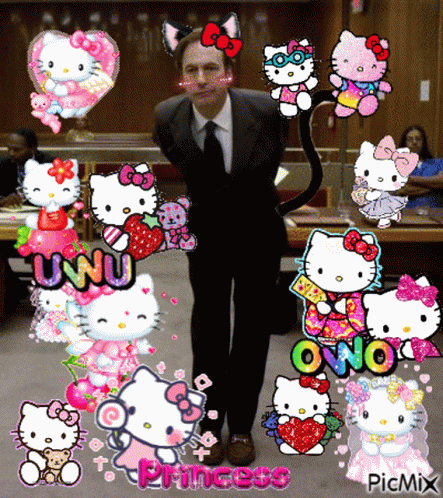 A Man In A Suit Is Surrounded By Hello Kitty Stickers Including One That Says Princess GIF
