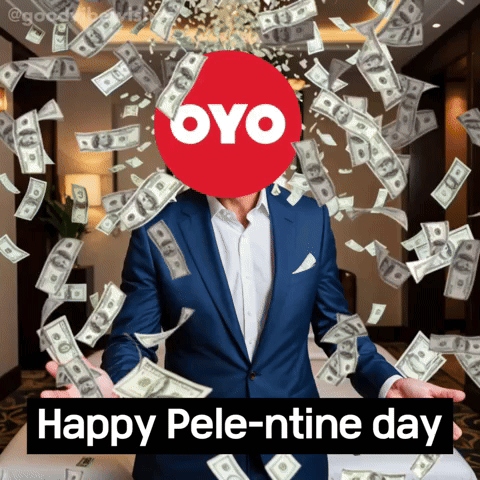 Man In Suit Surrounded By Money With Oyo Logo GIF