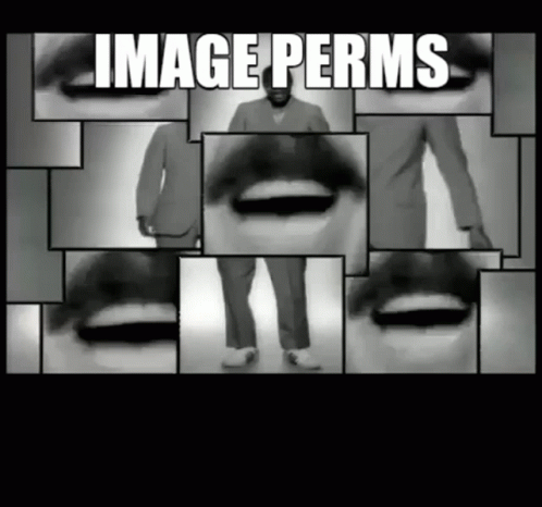A Man In A Suit Is Surrounded By Mouths And Eyes With The Words Image Perms Below Him GIF