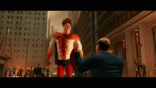 A Man In A Suit Is Taking A Picture Of A Superhero On The Street . GIF