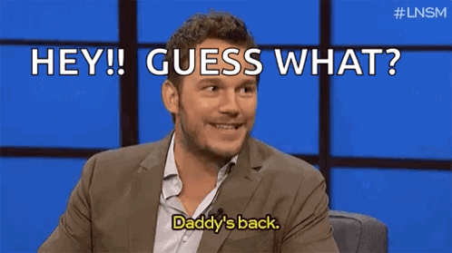 A Man In A Suit Is Talking On A Television Show And Says `` Hey ! Guess What ? Daddy 'S Back '' GIF
