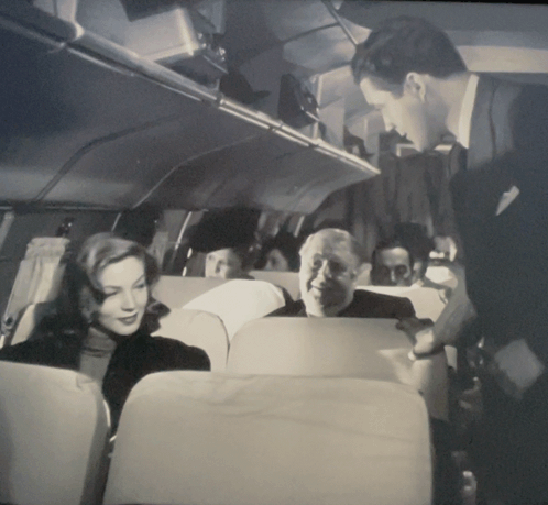 A Man In A Suit Is Talking To A Woman In A Plane GIF