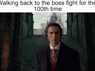 A Man In A Suit Is Walking Back To The Boss Fight For The 100Th Time . GIF