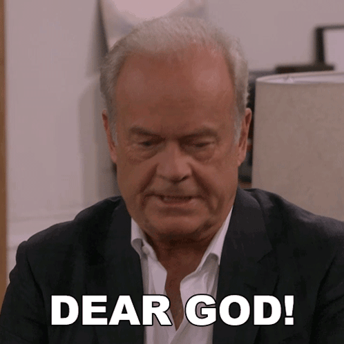 A Man In A Suit Says Dear God In White Letters GIF