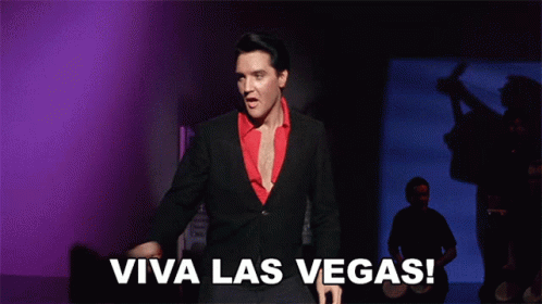 A Man In A Suit Says Viva Las Vegas In Front Of A Crowd GIF