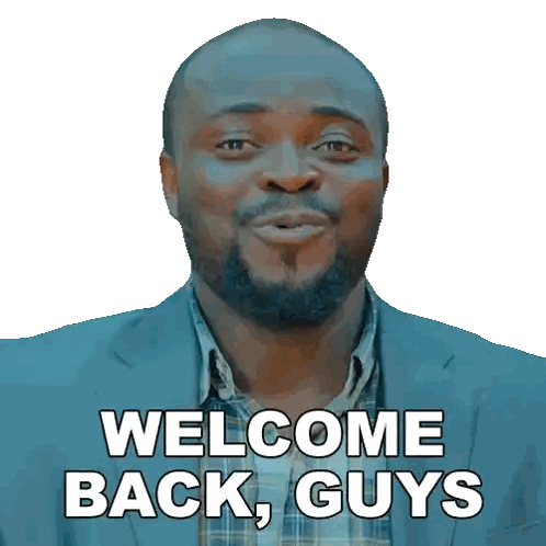 a man in a suit says welcome back guys on a white background