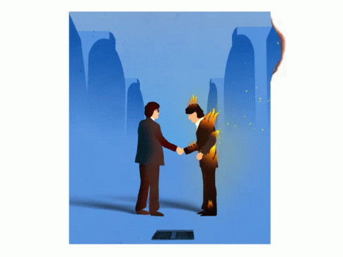 A Man In A Suit Shakes Hands With Another Man In A Suit That Is On Fire GIF