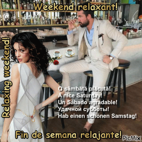 A Man In A Suit Sits At A Bar Next To A Woman In A White Dress And Says Weekend Relaxant GIF