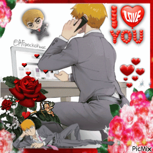 A Man In A Suit Sits At A Desk Talking On A Cell Phone With A Heart That Says I Love You GIF