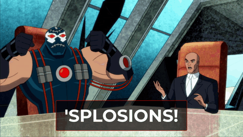 A Man In A Suit Sits At A Table Next To A Cartoon Character That Says Splosions GIF