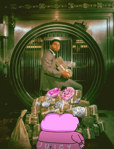 A Man In A Suit Sits In A Vault Surrounded By Lots Of Money GIF