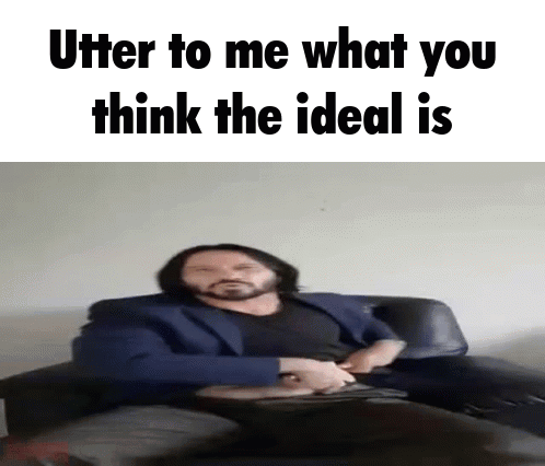 A Man In A Suit Sits On A Couch With The Words " Utter To Me What You Think The Ideal Is " Above Him GIF