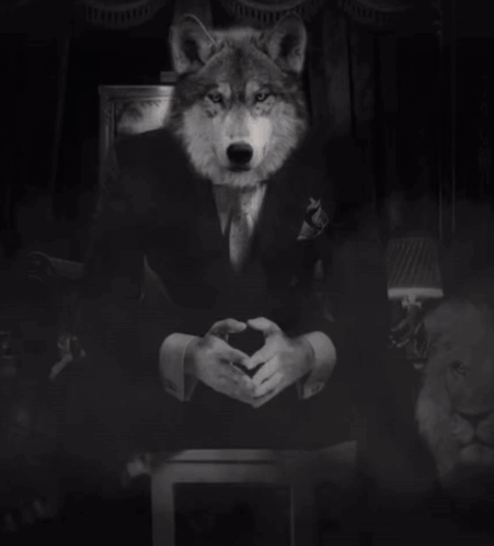 A Man In A Suit Sits With His Hands Folded In Front Of A Lion GIF