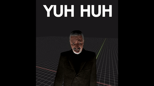 A Man In A Suit Stands In Front Of A Black Background With The Words Yuh Huh On It GIF